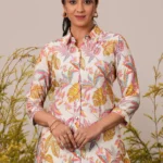 Cream Printed Silk Blend A-Line Kurti