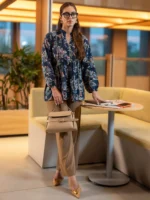 Blue Printed Silk Blend A-Line Short Kurti - Image 2