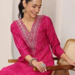 Pink Printed Silk Blend Straight Kurta