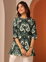 Green Printed Cotton Straight Short Kurti