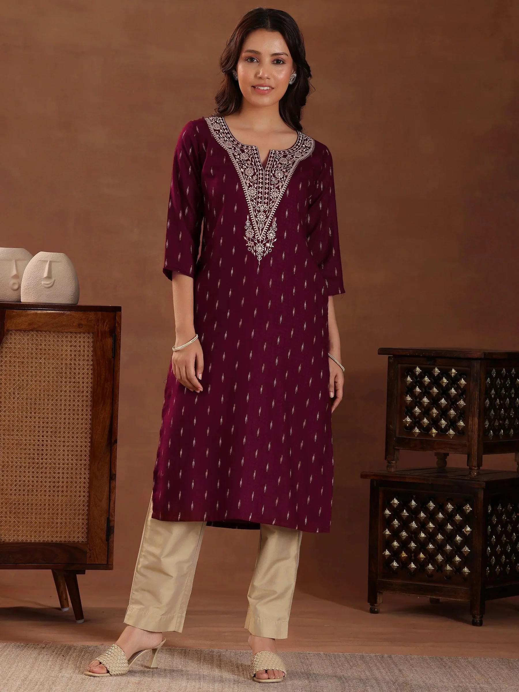 5_43499210-3095-4339-8abe-2fee8dc054d8.webp Maroon Woven Design Cotton Straight Kurta - Image 1
