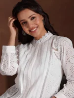 White Embroidered Cotton Straight Kurti - Image 5