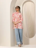 Pink Printed Silk Blend Straight Short Kurti