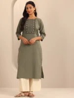 Taupe Printed Cotton Blend Straight Kurta - Image 4